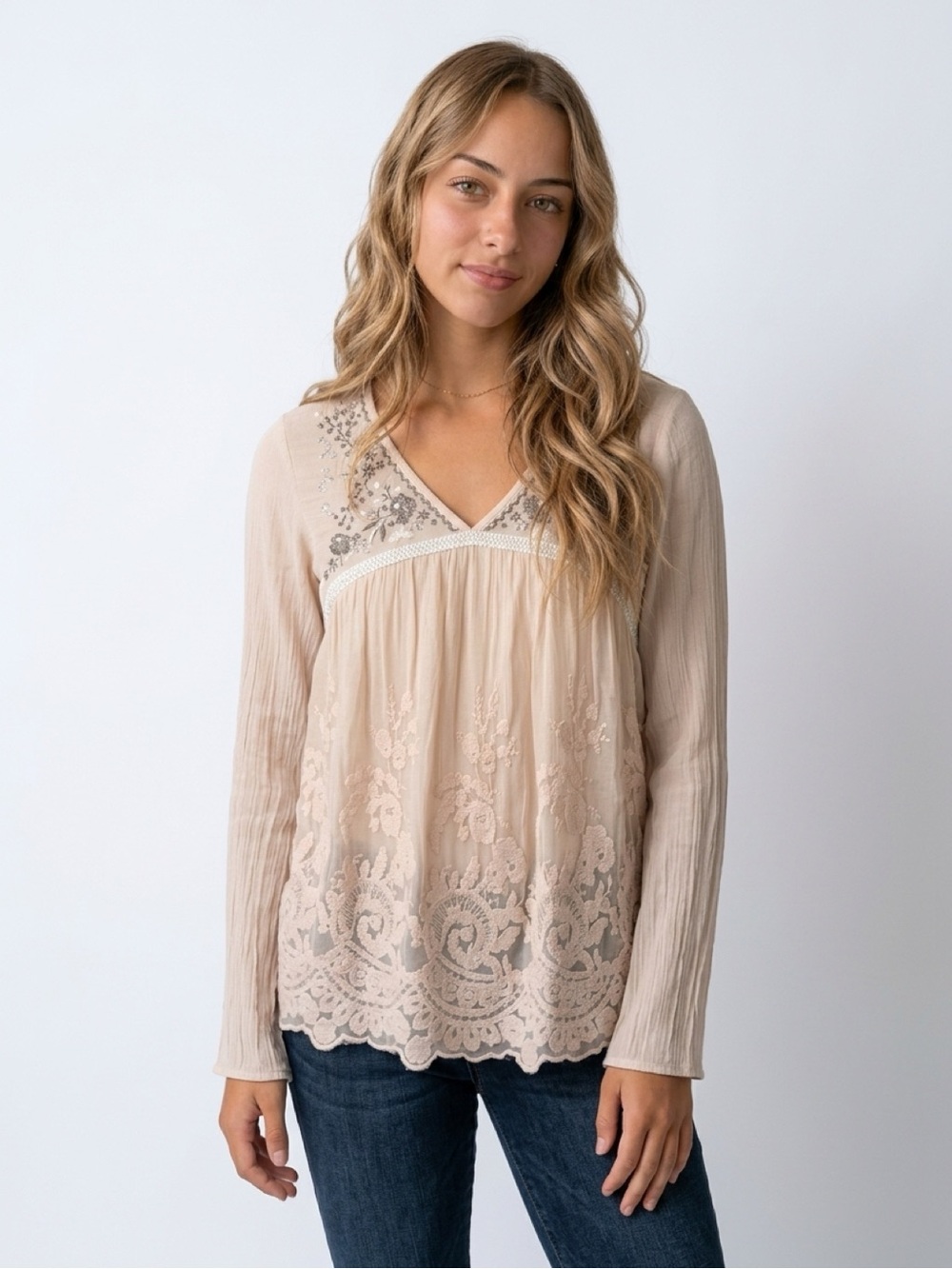 Altar'd State Blush Embroidered V-Neck Peasant Top